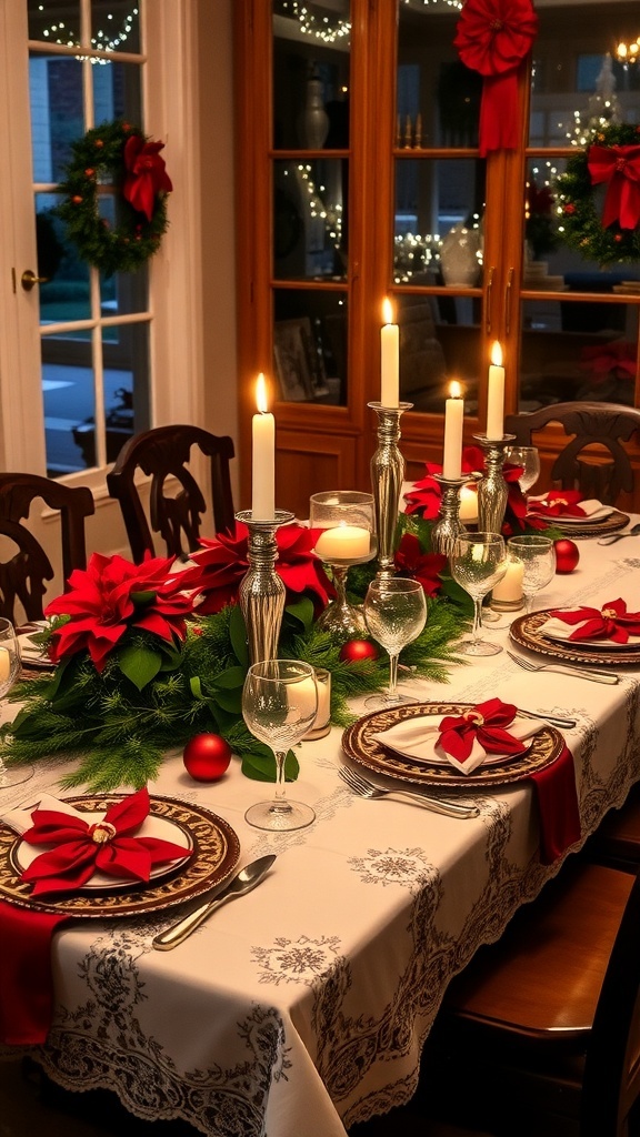 A festive Christmas table setting with poinsettias, candles, and holiday-themed dishes.